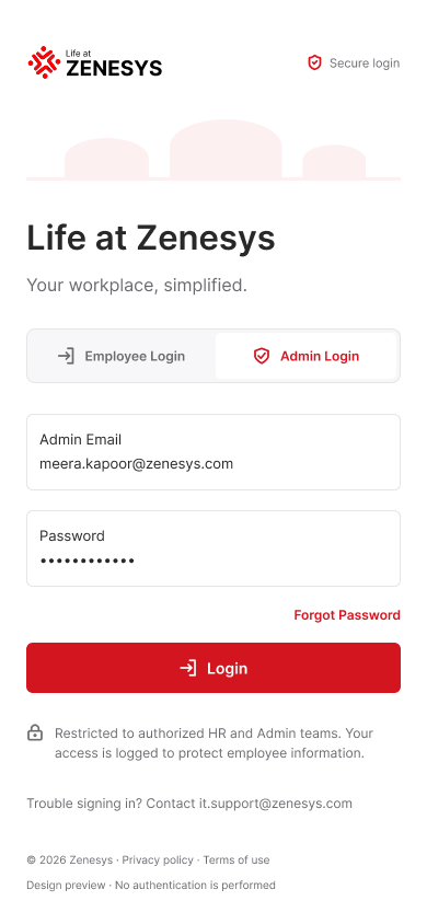 Admin login — Mobile
